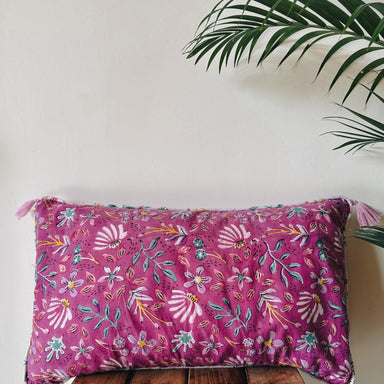 Purple Flower Trail Handblockprinted Lumbar Cushion Cover