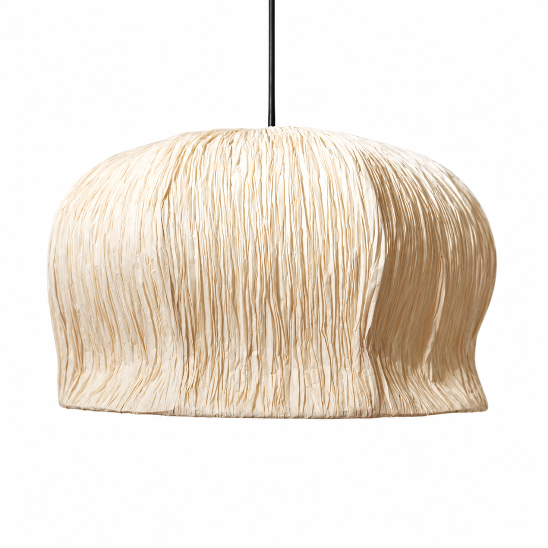 Papyrus Bellflower Pendant Lamp with a pale folded paper shade and rounded crown.