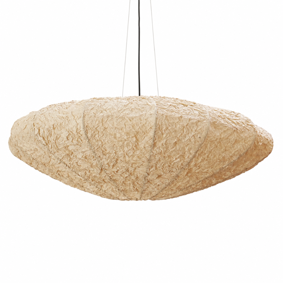 Papyrus Aura Pendant Lamp showing its pale oval shade and uneven paper-like texture.