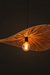 Standard Raffia Pendant Lamp illuminated, with a visible bulb beneath its folded shade against a dark background.