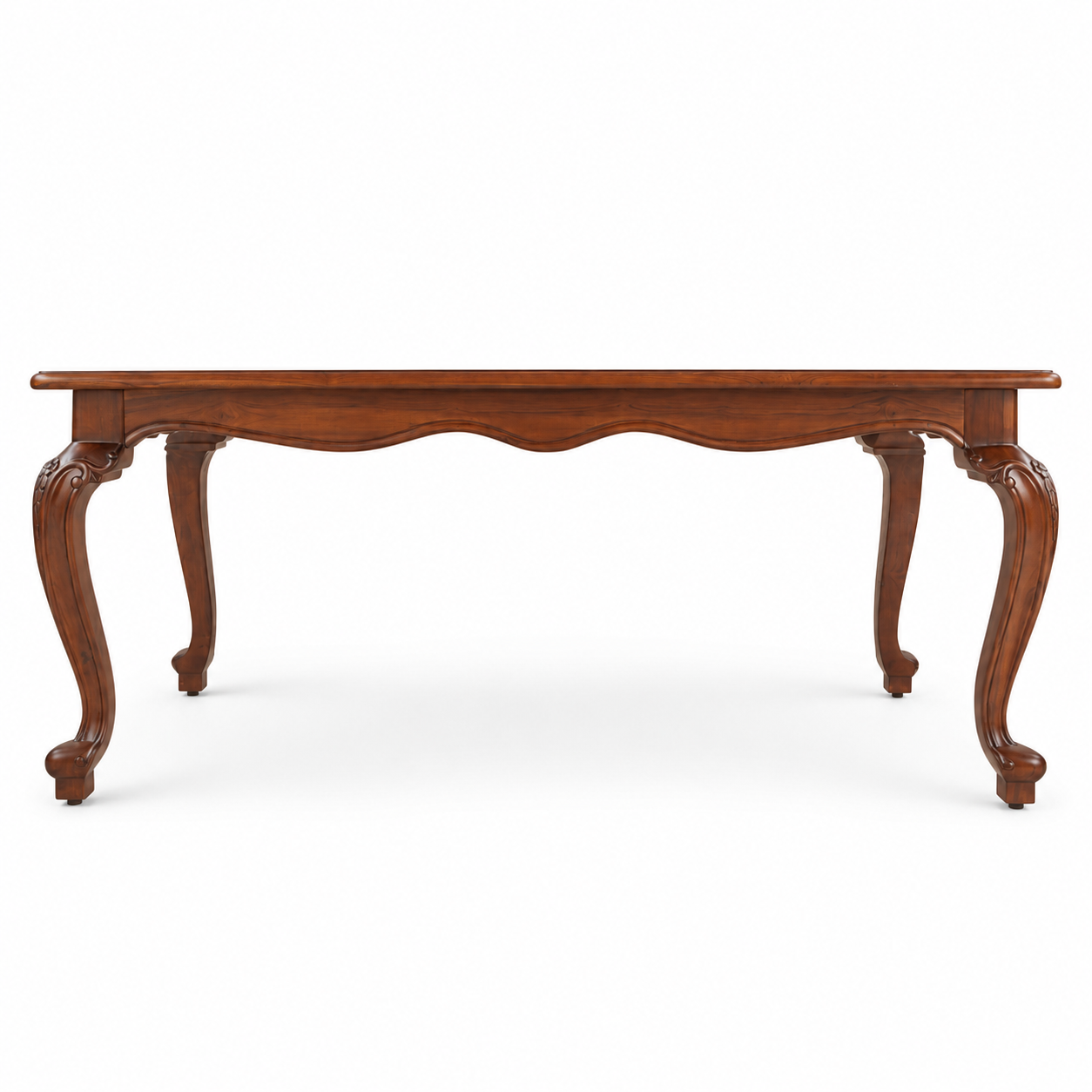 Louis Dining Table No.5 straight-on side view showing the scalloped apron and curved walnut-finish legs.