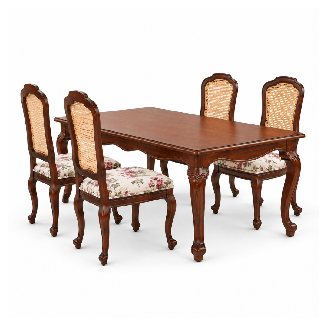 Louis Dining Set No.5 with a walnut-finish table and four cane-backed upholstered chairs.