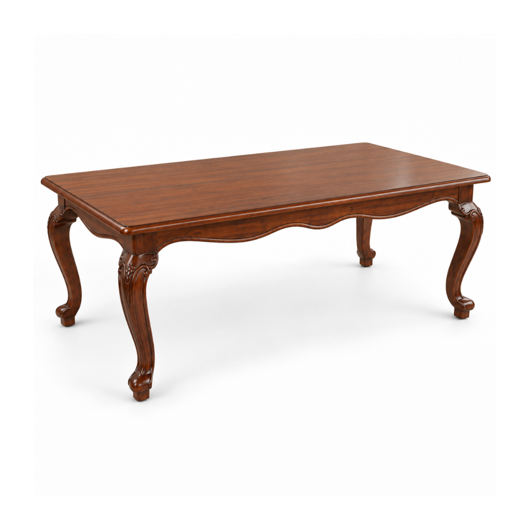 Louis Dining Table No.5 in a walnut finish seen from a three-quarter angle, showing the rectangular top, shaped apron and carved legs.
