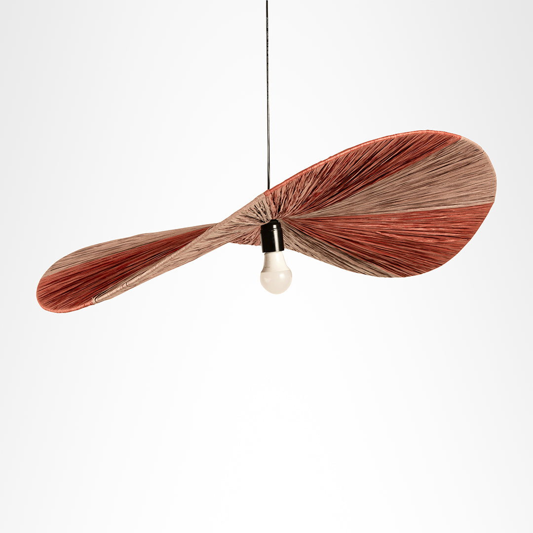 Raffia Pendant Lamp in Dual colour, with alternating reddish and natural-toned sections across its folded paper shade.