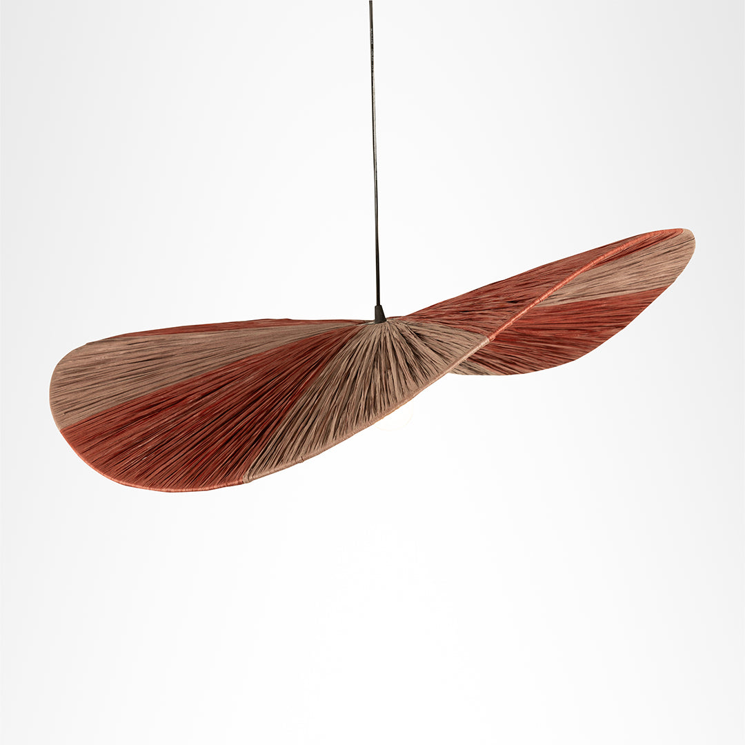 Dual colour Raffia Pendant Lamp in an angled top view, showing the raised curves of its two-tone folded shade.
