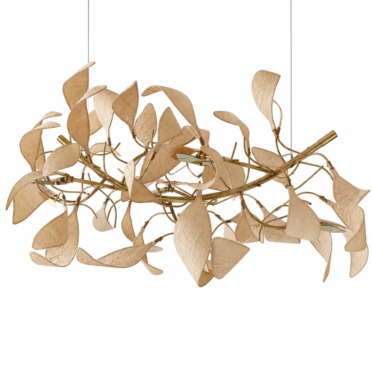 Arbor Chandelier with pale leaf-like paper forms on a branching brass frame.