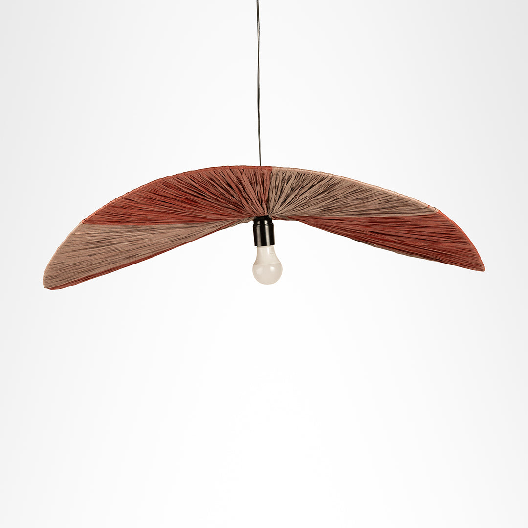 Dual colour Raffia Pendant Lamp in side view, showing its low curved profile and central bulb.