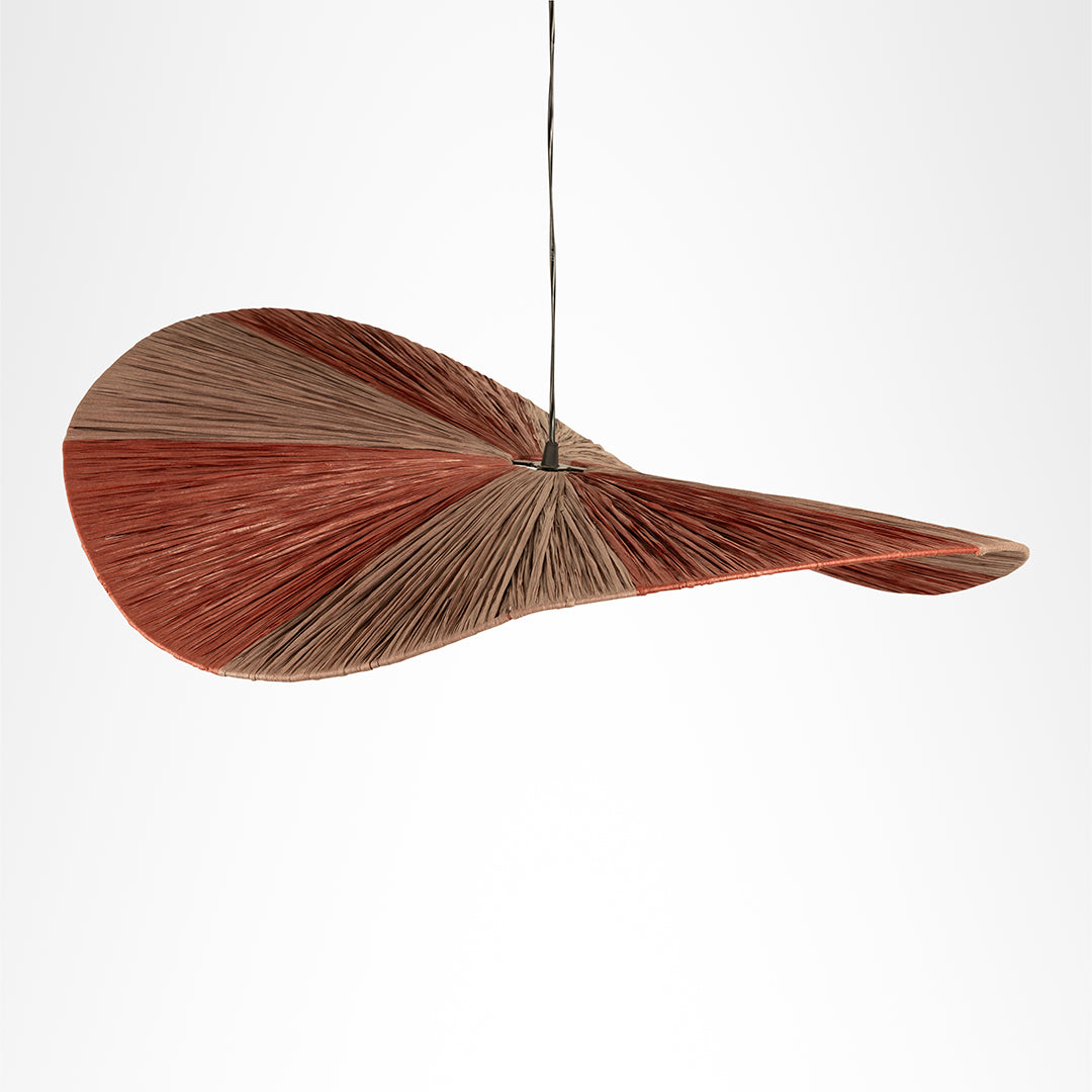 Dual colour Raffia Pendant Lamp viewed from above at an angle, showing its broad curved wings and two-tone folds.