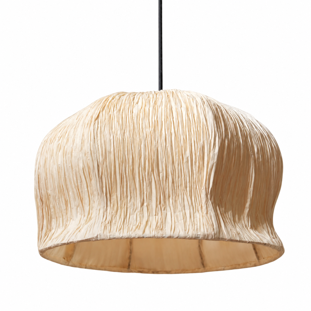Papyrus Bellflower Pendant Lamp viewed from below, showing its open shade and folded paper texture.