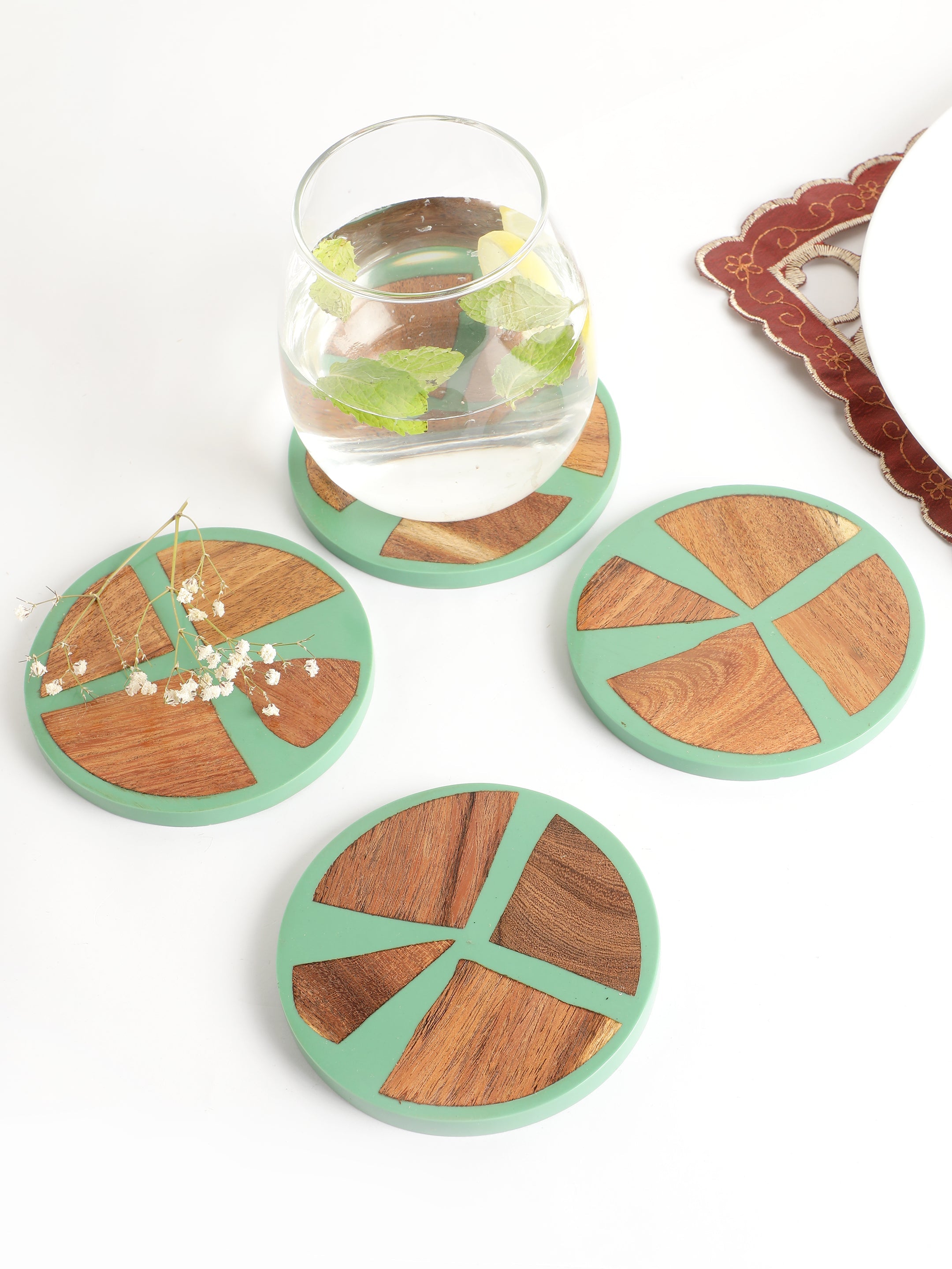 Green Wood & Resin Coasters Set of 4