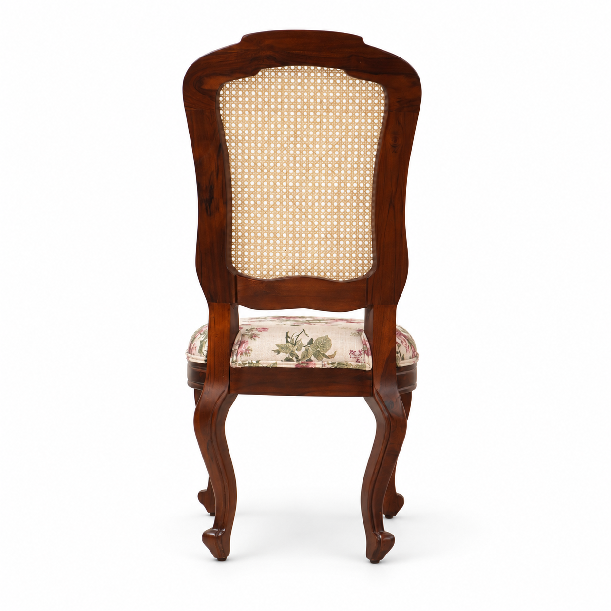 Back view of Louis Dining Chair No.5 showing the cane panel, walnut-finished mango wood frame and floral upholstered seat.