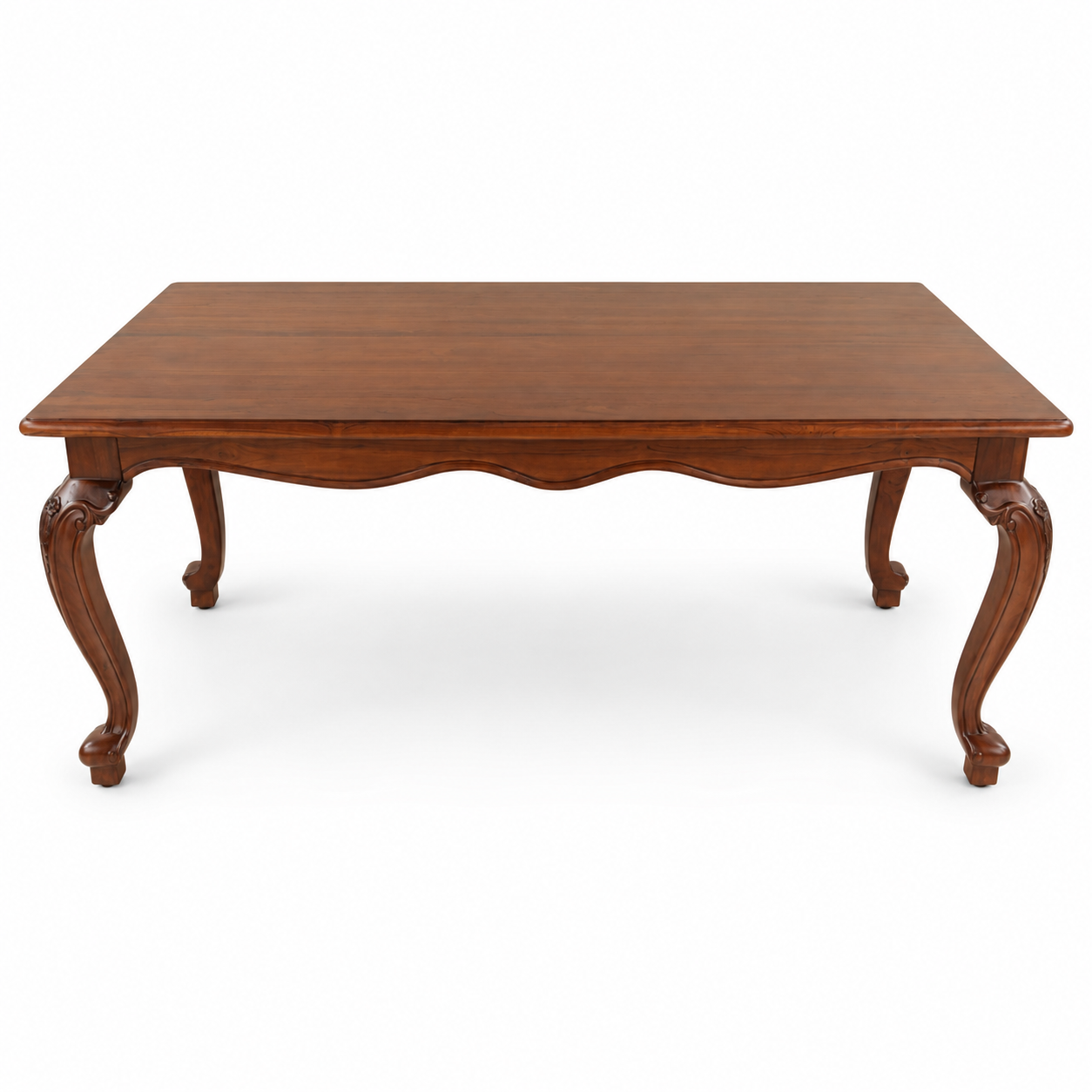 Louis Dining Table No.5 viewed at an angle, showing its rectangular top, curved apron and shaped legs.
