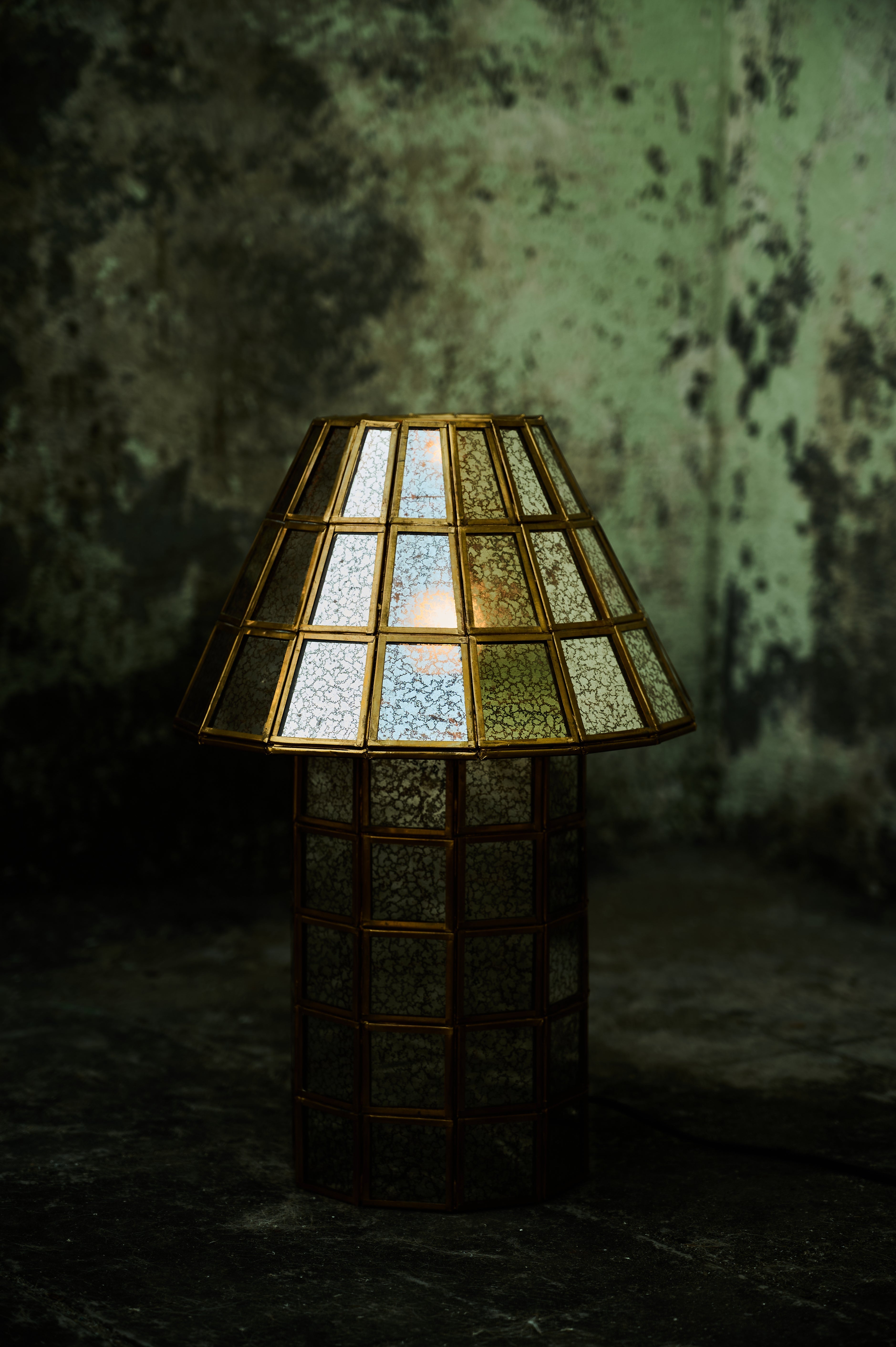 Brass-Aged Table Lamp illuminated shade and base