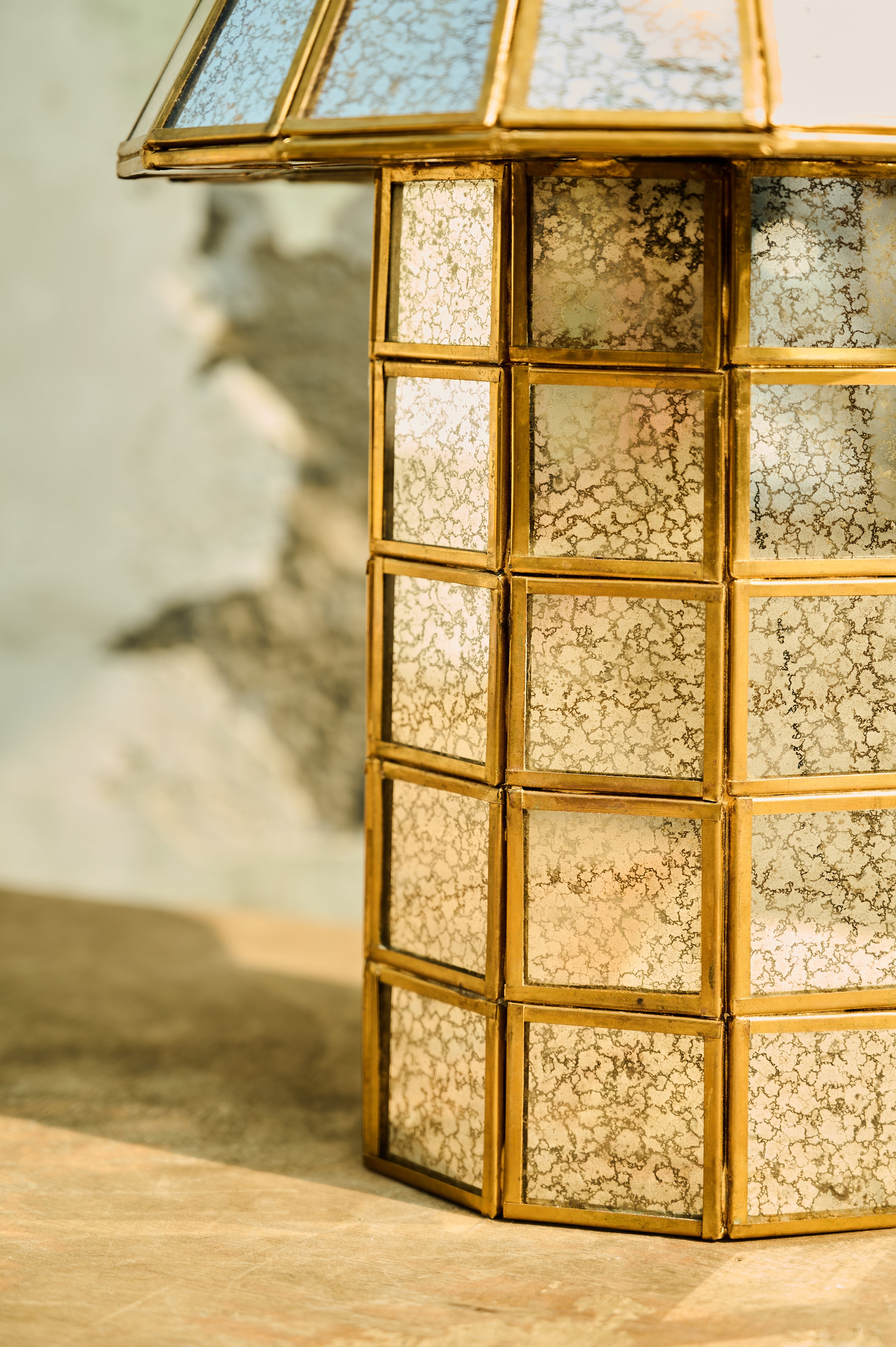 Brass-Aged Table Lamp antiqued panel base detail