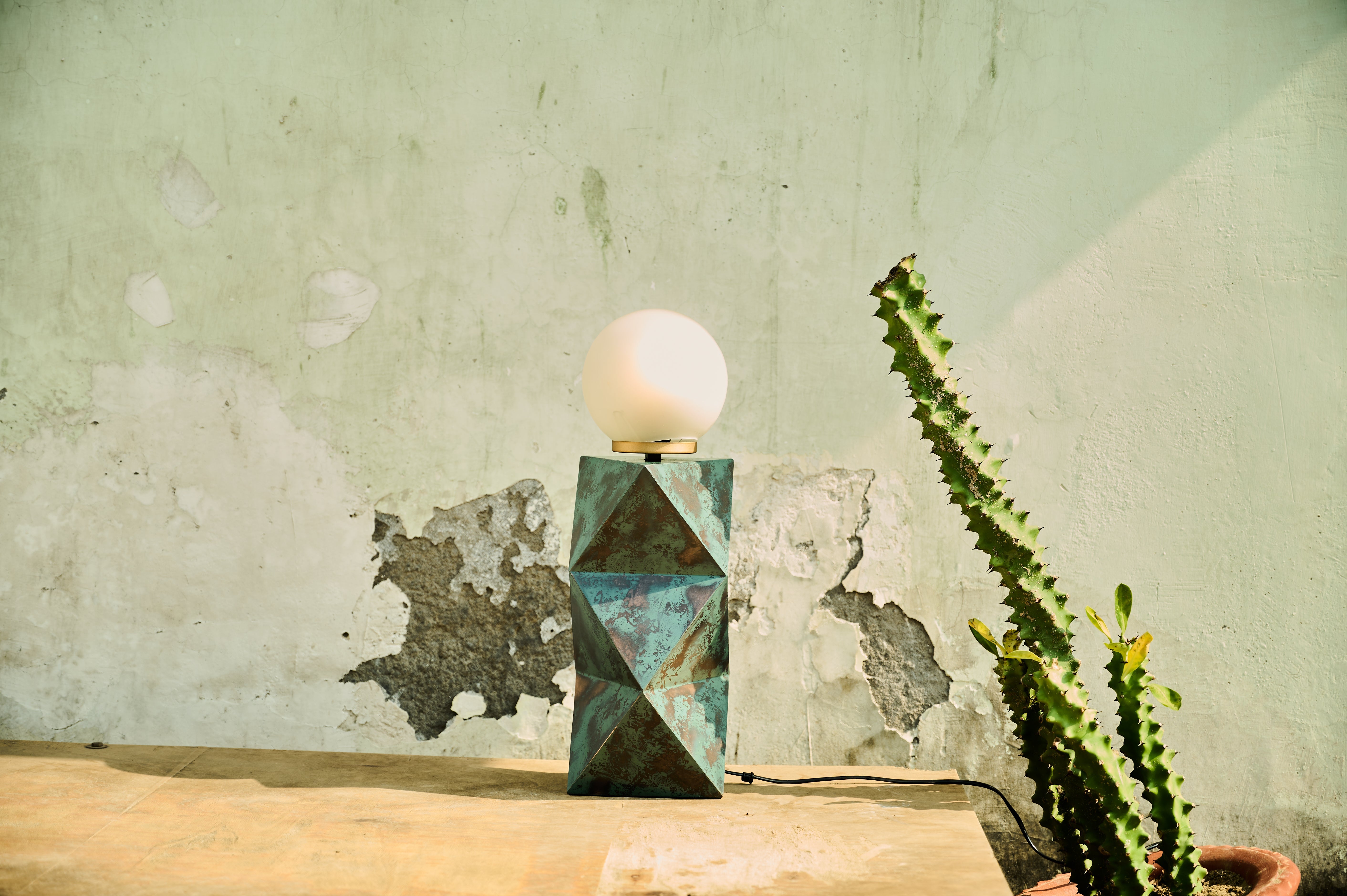 Facet Table Lamp wide view beside a plant