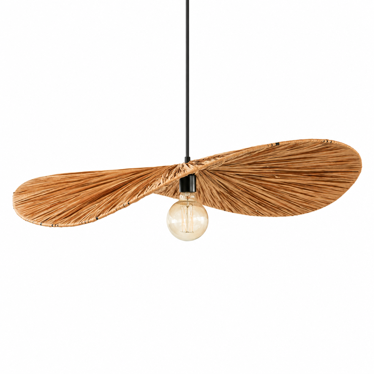 Raffia Pendant Lamp in Standard, with a broad folded paper shade and visible central bulb.