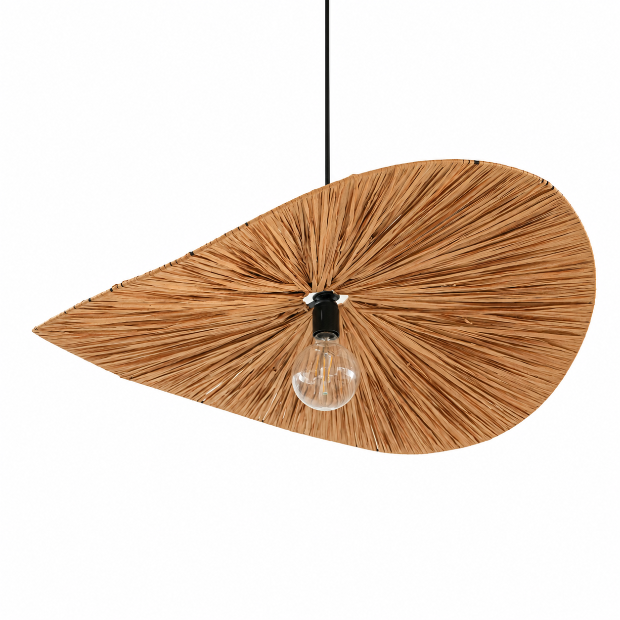 Raffia Pendant Lamp in Standard, viewed from below with fine folds radiating around the central bulb.