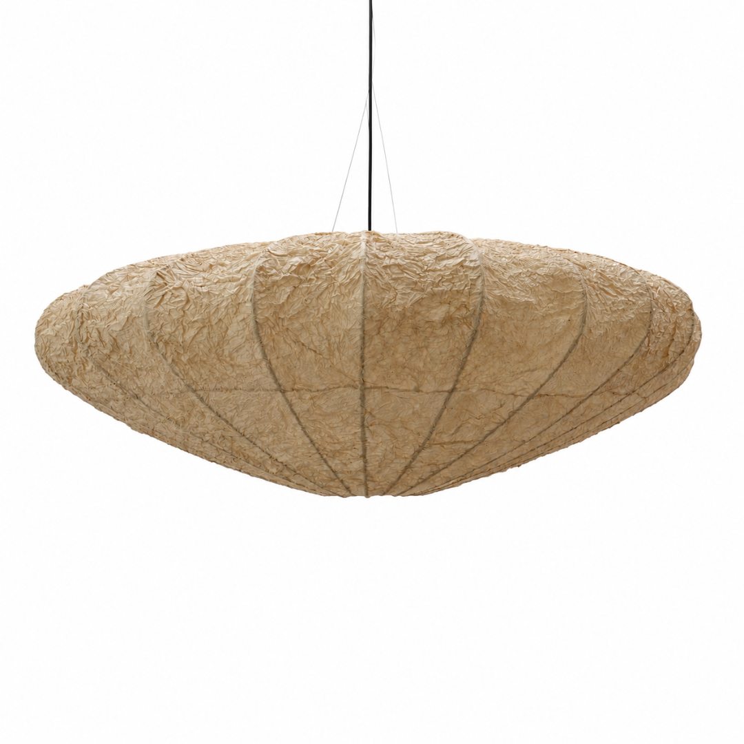 Papyrus Aura Pendant Lamp with a broad oval shade and crinkled paper-like surface.