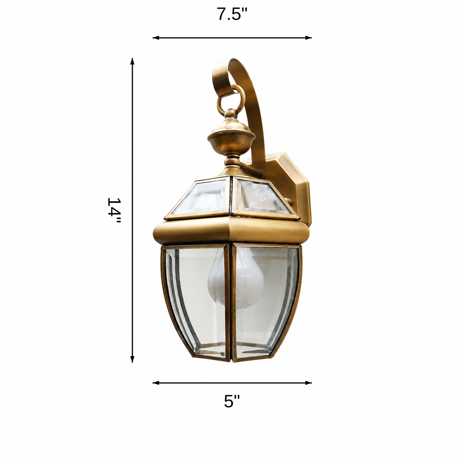 Windsor Brass Wall Lantern dimensions: L 7.5 x B 5 x H 14 in.