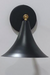 A black wall sconce with a frosted glass shade and a visible metal structure, mounted on a wall.