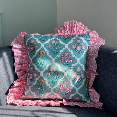 Aquamarine Blue Pop Pink Ruffle Cushion Cover