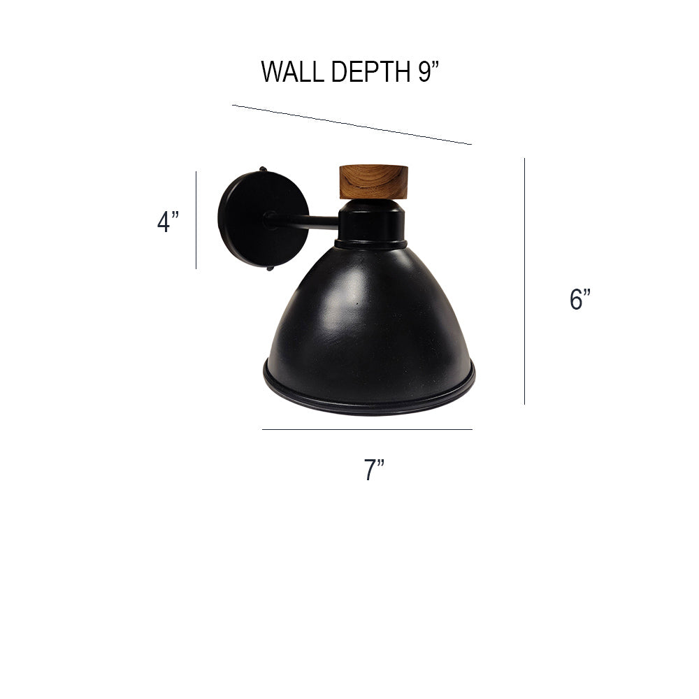 Modern black wall lamp featuring a conical shade and a wooden accent knob, mounted on a horizontal arm and round base. Ideal for adding a touch of elegance and functionality to any room.