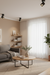 Modern living room with gray sofa, wooden coffee table, and plants.