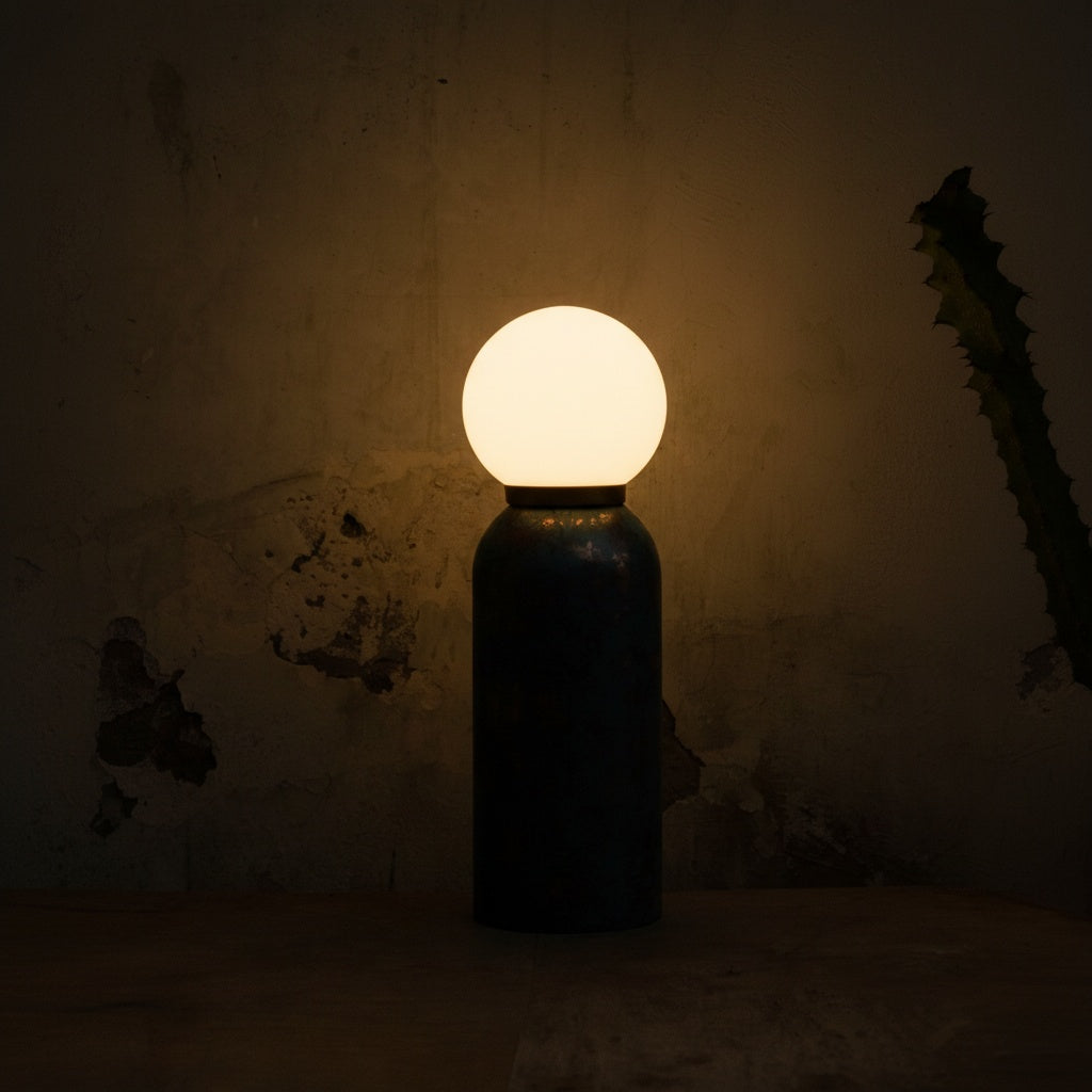Moon Table Lamp illuminated against a dark wall