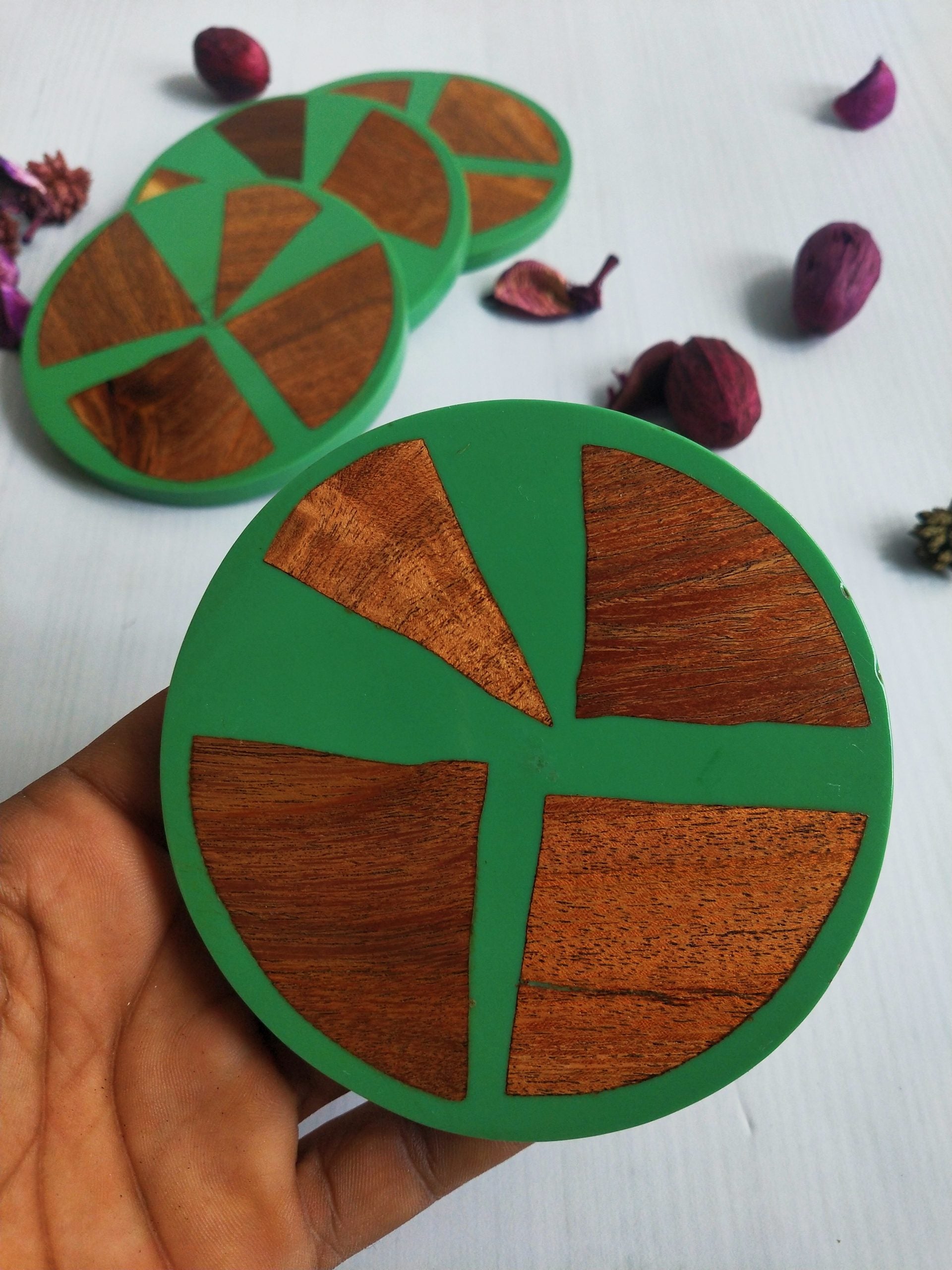 Green Wood & Resin Coasters Set of 4