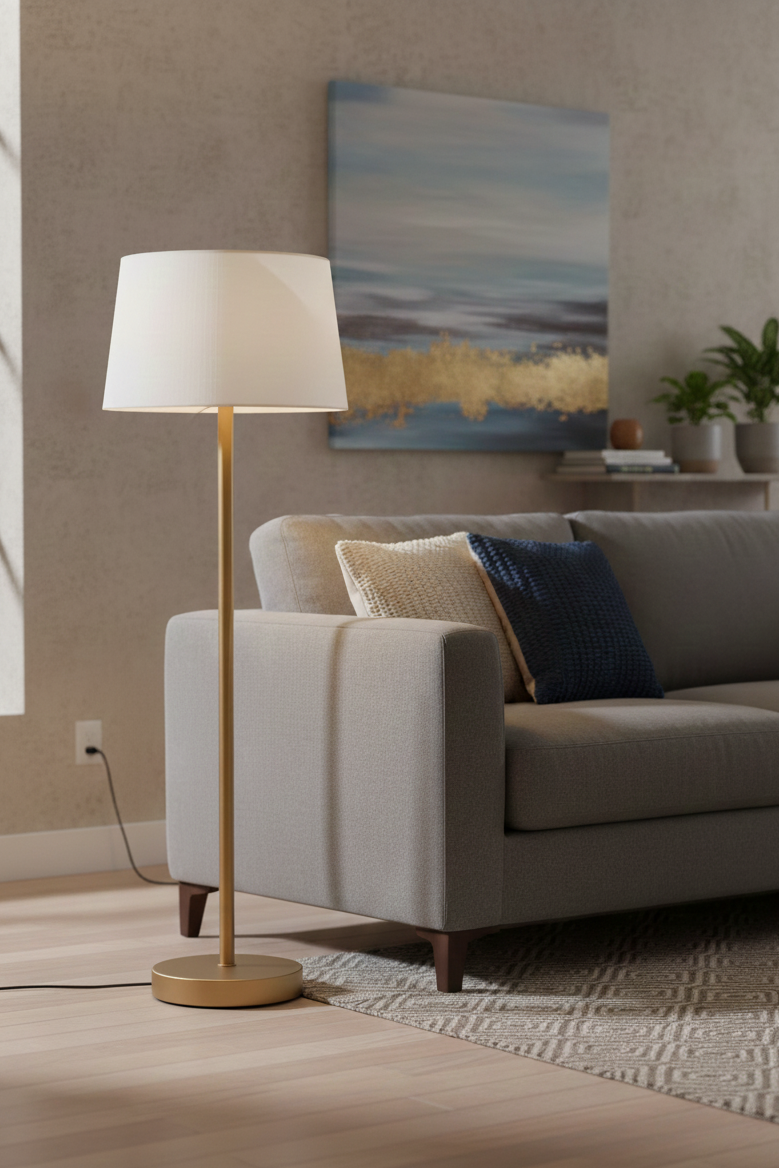 Living room with a gray sofa, floor lamp, and abstract painting on the wall.