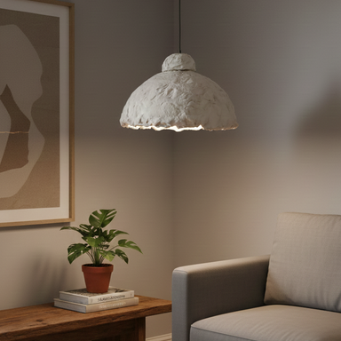 Modern living room with a textured pendant light, gray sofa, and wooden coffee table.
