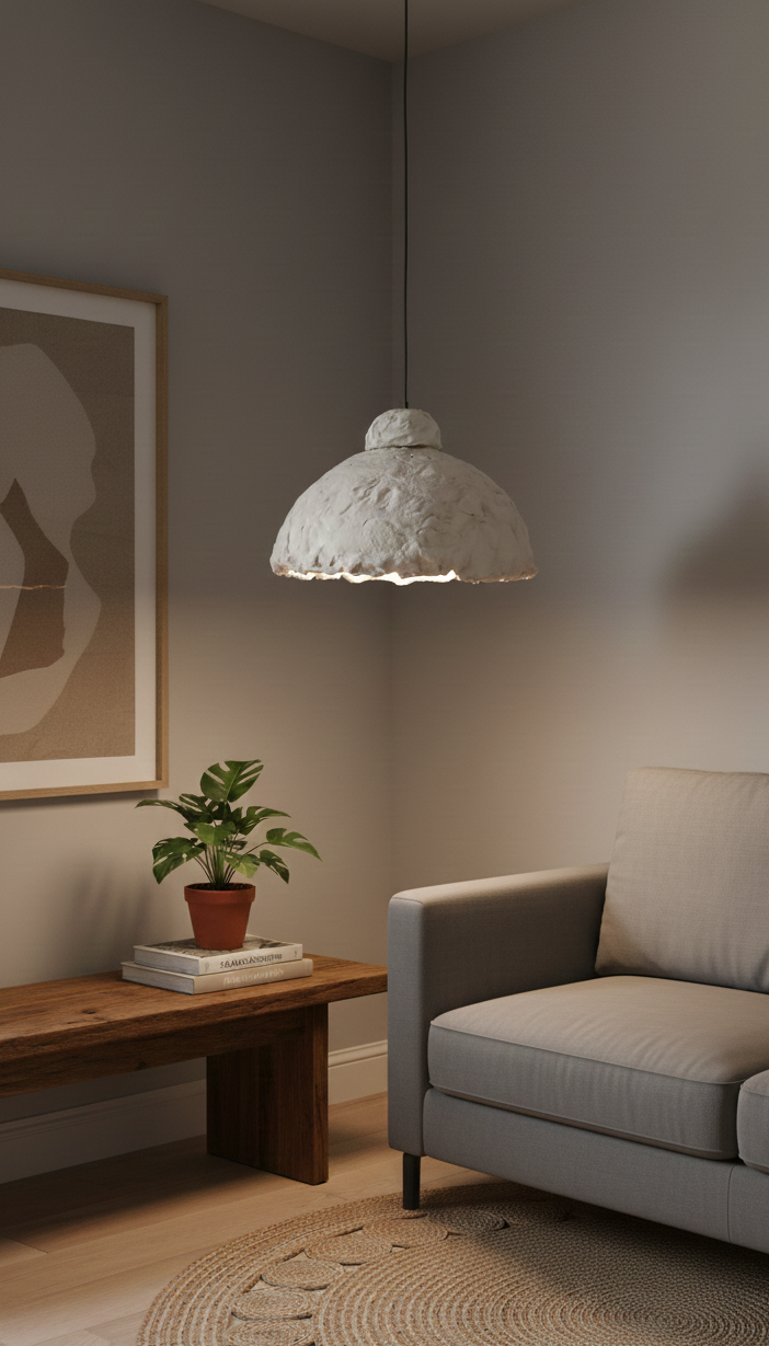 Modern living room with a textured pendant light, gray sofa, and wooden coffee table.