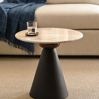 Stylish small accent table with marble top and matte black base, perfect for living room corners.