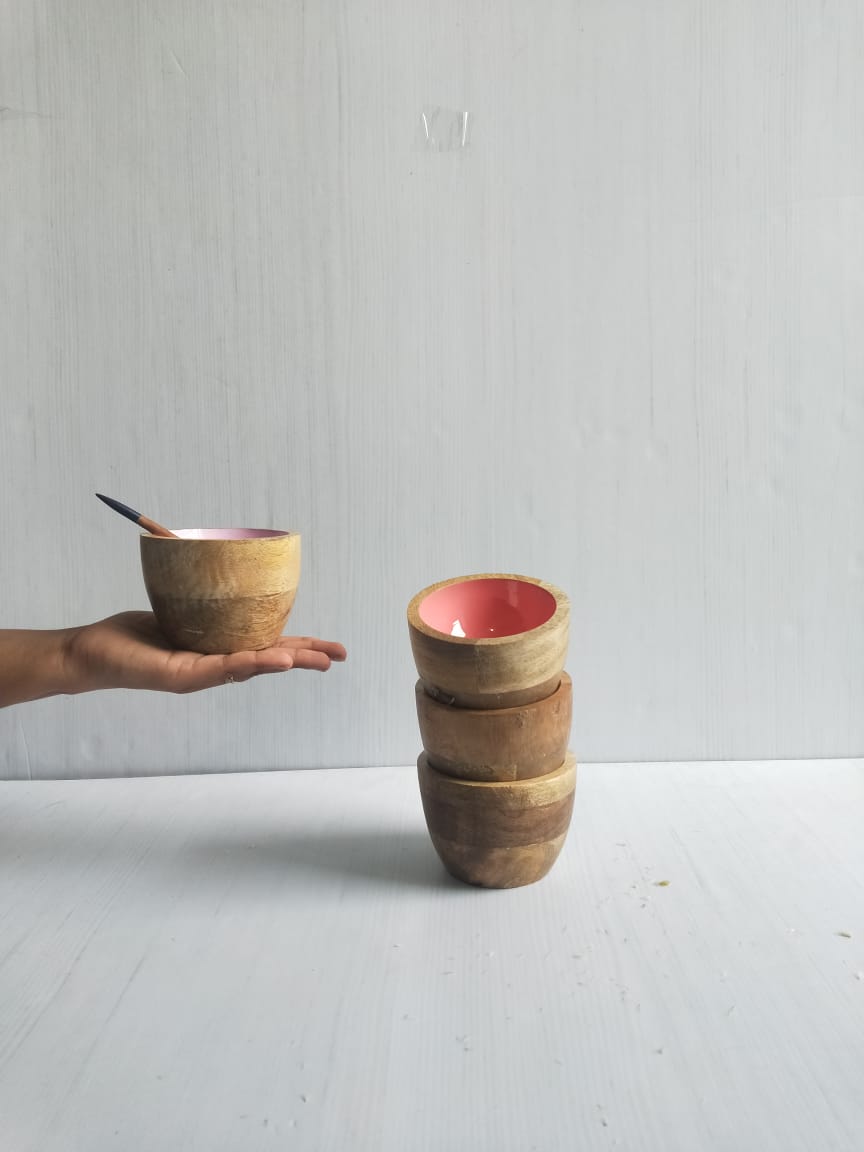 Multicolour Wooden Enamel Serving Bowls - Icrecream, Snacks, Nuts