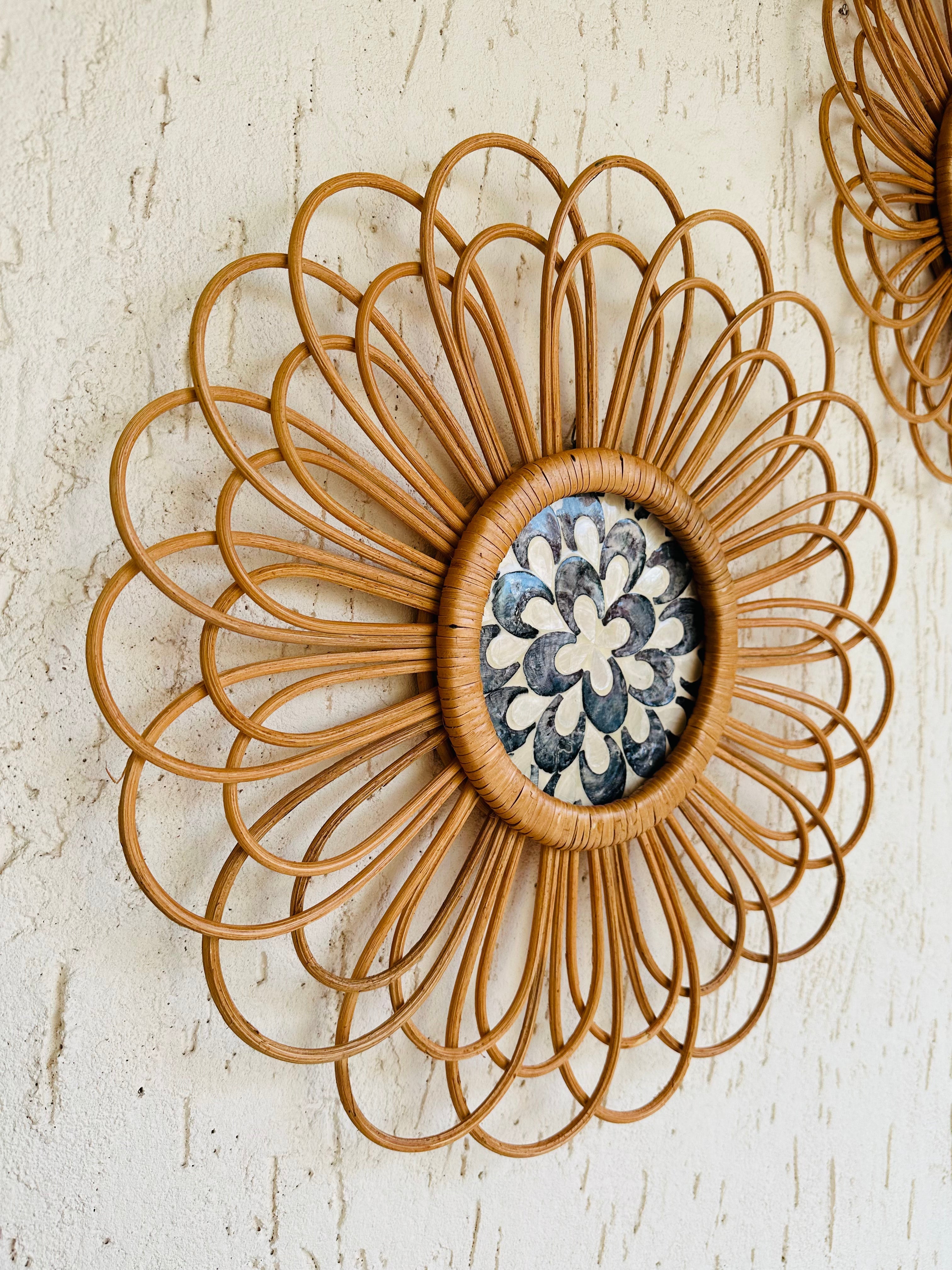 Abstract Designer Rattan Wall Decor With Mother of Pearls - Natural / Rattan and Mother of Pearl - Decor