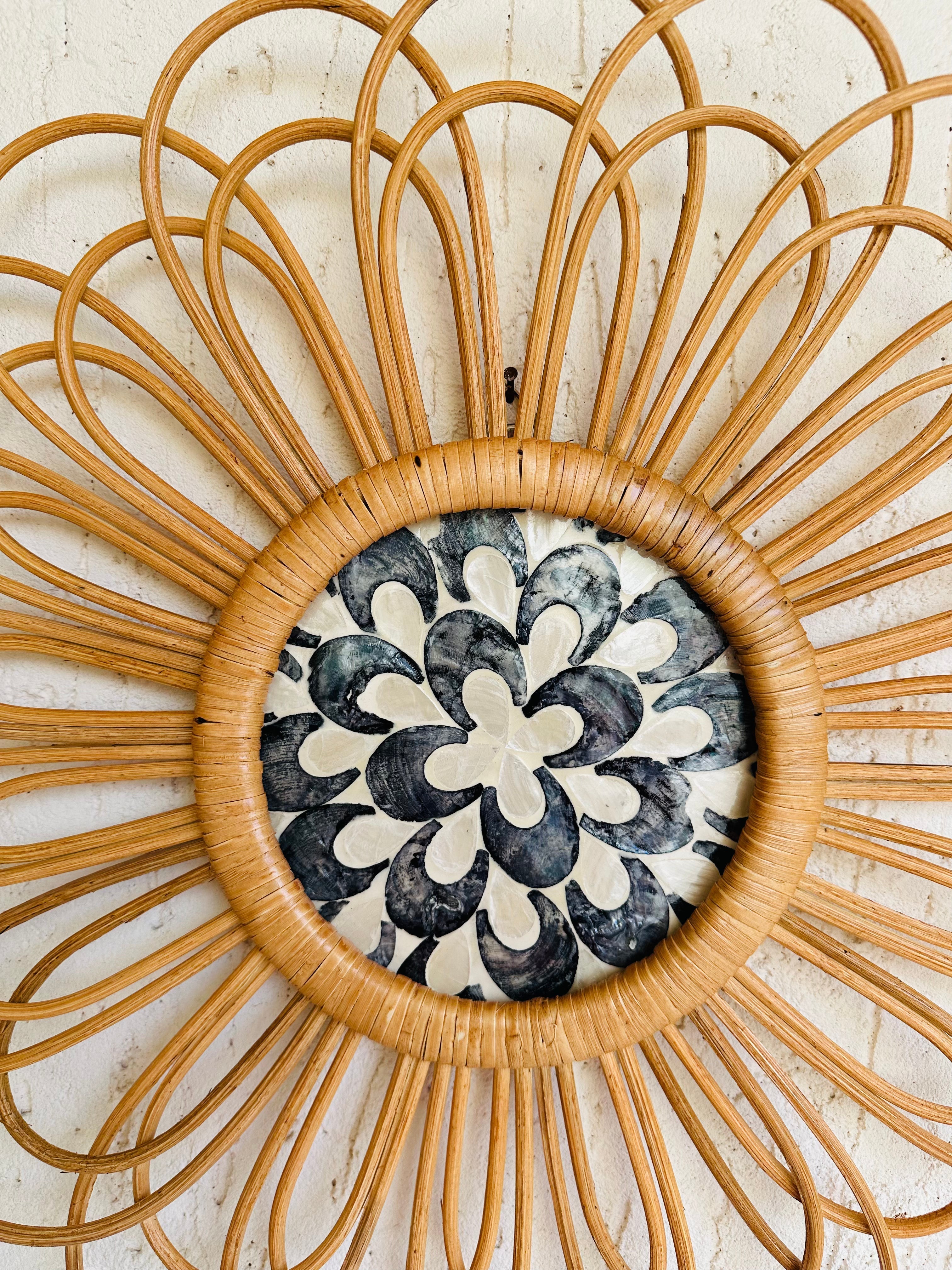 Abstract Designer Rattan Wall Decor With Mother of Pearls - Natural / Rattan and Mother of Pearl - Decor