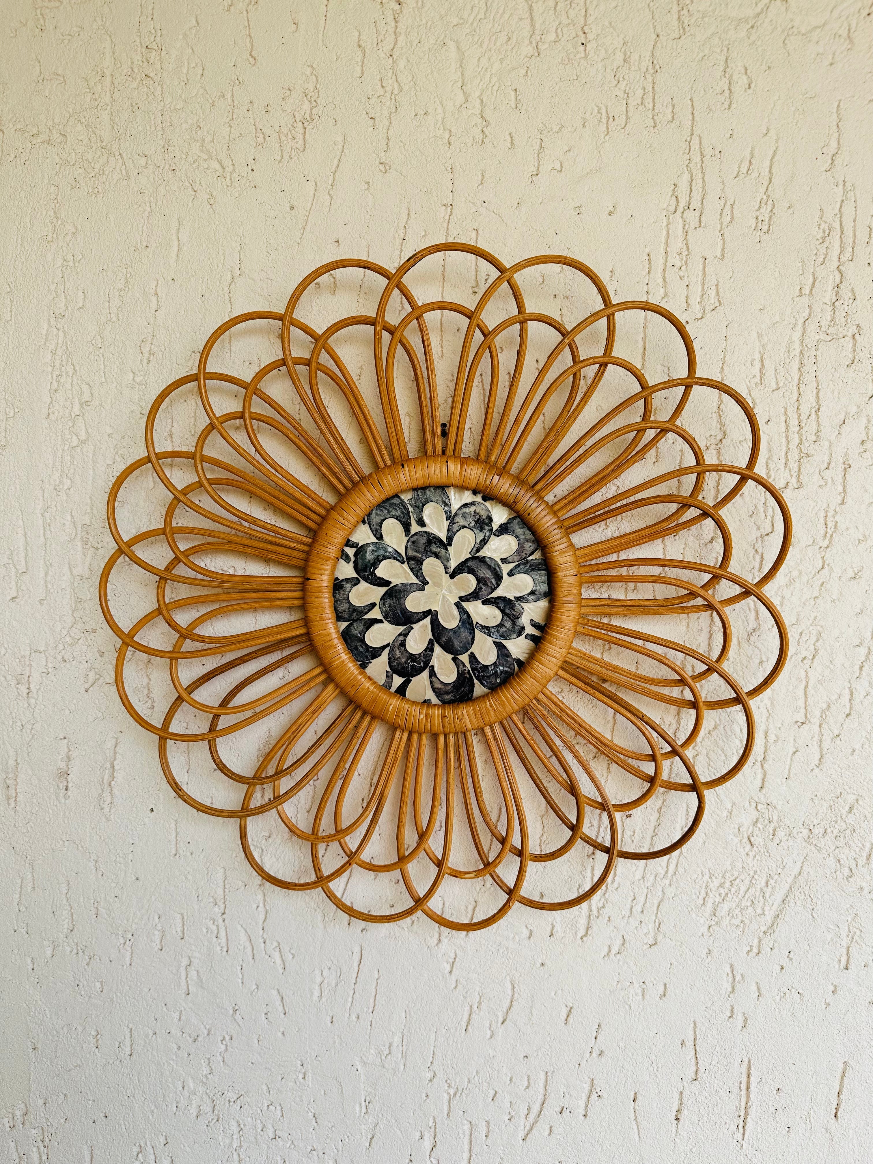 Abstract Designer Rattan Wall Decor With Mother of Pearls - Natural / Rattan and Mother of Pearl - Decor