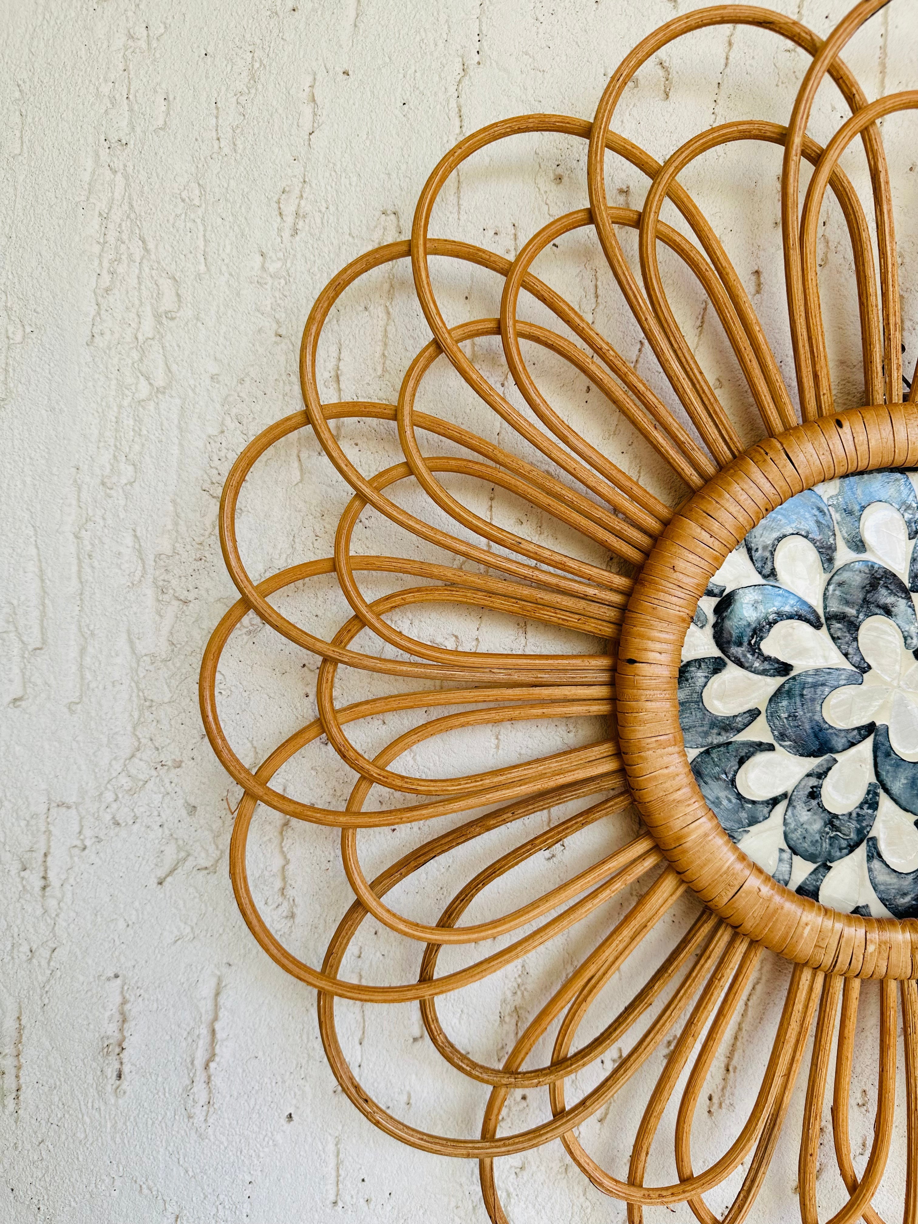 Abstract Designer Rattan Wall Decor With Mother of Pearls - Natural / Rattan and Mother of Pearl - Decor