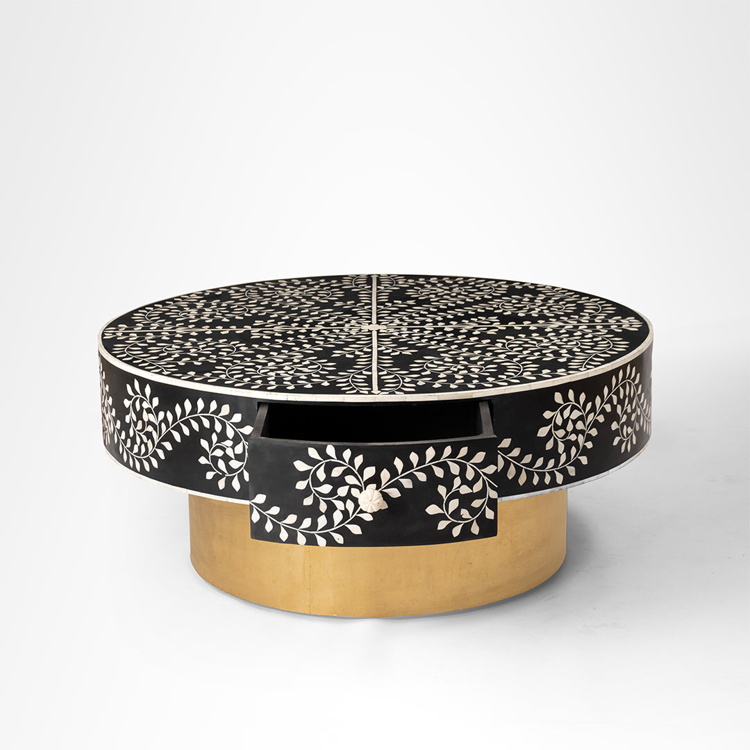 Aira Centre Table No. 21 - Black / Bone Inlay / Dia: 42’’ H: 18’’ - Indoor Furniture