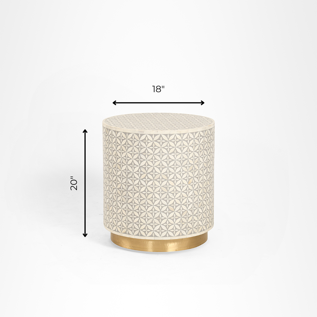 Aira Side Table No. 7 - W: 18’’ H: 20’’ / Grey and White / Bone Inlay and Brass - Indoor Furniture