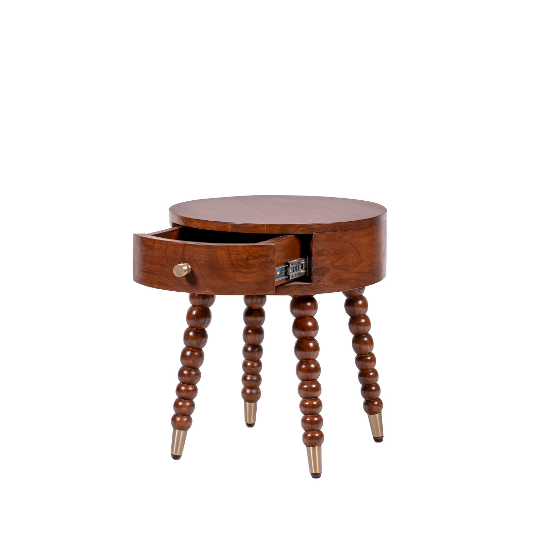 Alaya Side Table - Teak / Frame and Legs: Teakwood; Storage lined with laminate inside; Metal knobs / D: 18’’ H: 19’’
