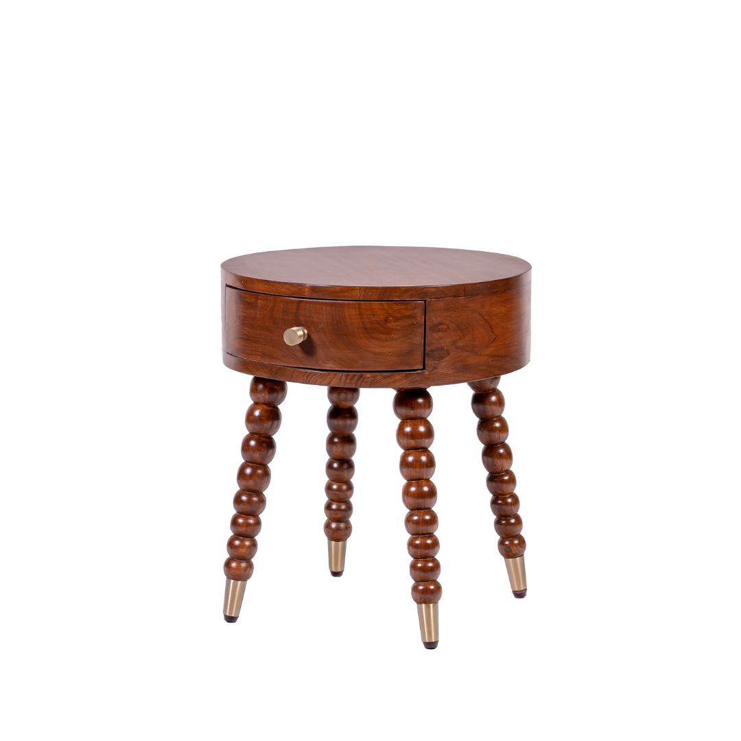 Alaya Side Table - Teak / Frame and Legs: Teakwood; Storage lined with laminate inside; Metal knobs / D: 18’’ H: 19’’