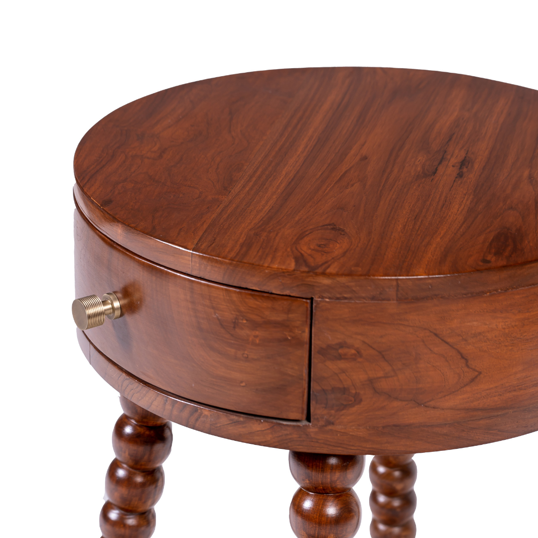 Alaya Side Table - Teak / Frame and Legs: Teakwood; Storage lined with laminate inside; Metal knobs / D: 18’’ H: 19’’
