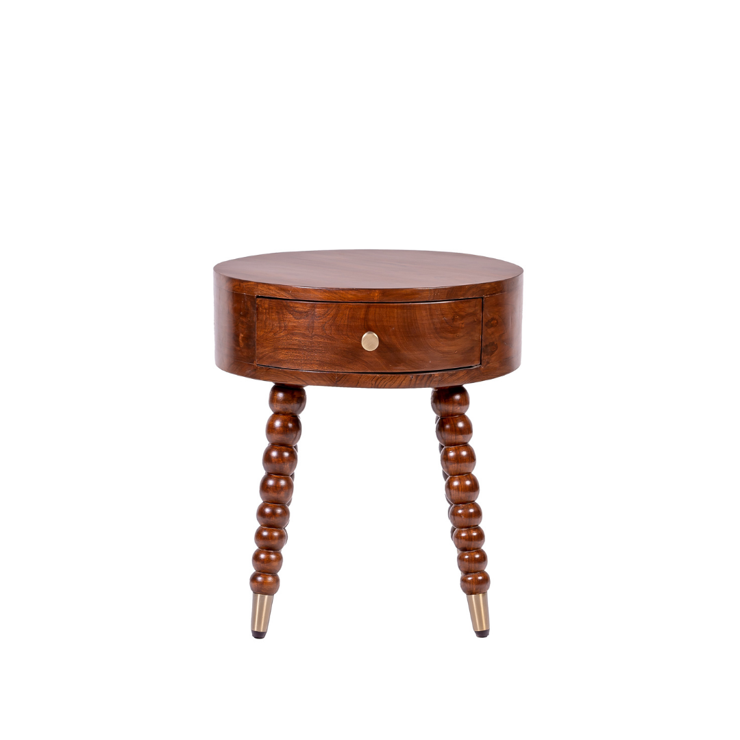 Alaya Side Table - Teak / Frame and Legs: Teakwood; Storage lined with laminate inside; Metal knobs / D: 18’’ H: 19’’