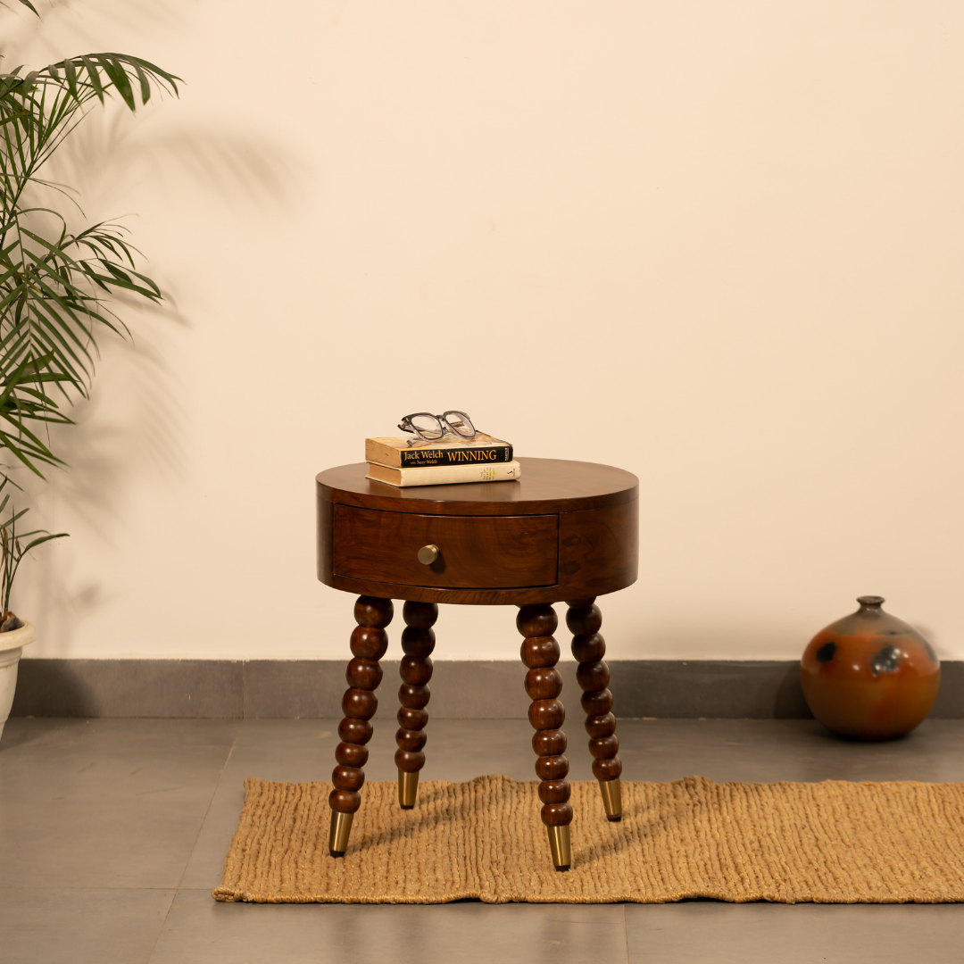 Alaya Side Table - Teak / Frame and Legs: Teakwood; Storage lined with laminate inside; Metal knobs / D: 18’’ H: 19’’