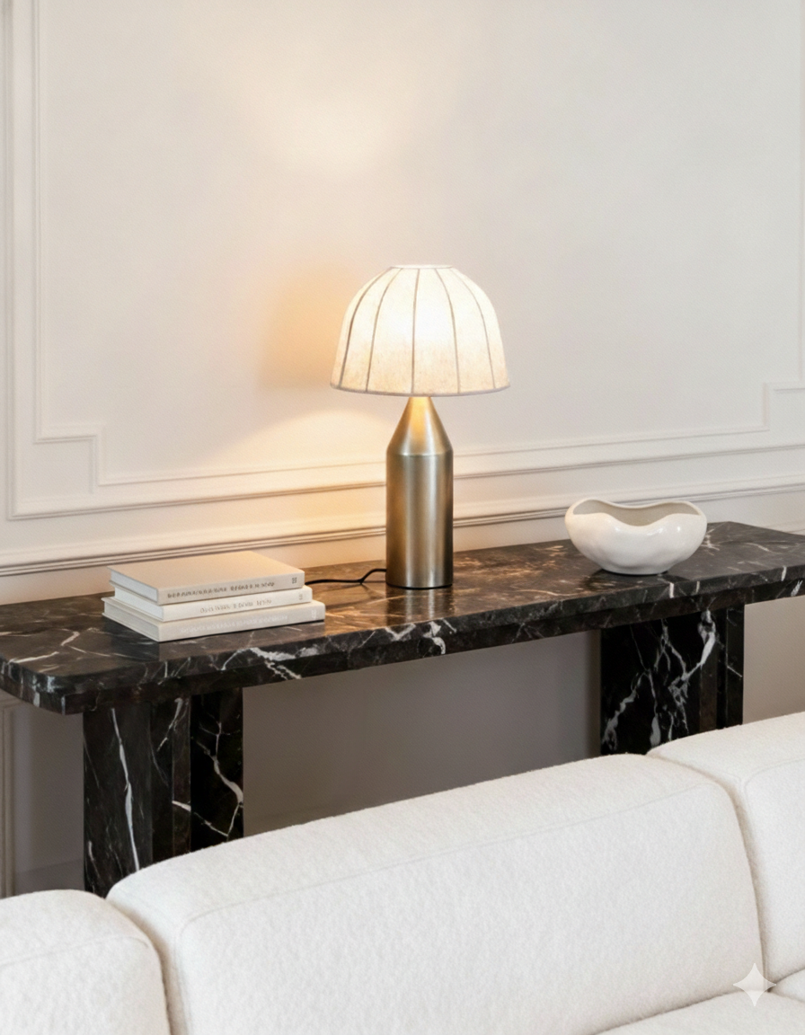 Alba Table Lamp - Dia 12” x H 22” / Brass plated Mild Steel, Fabric Shade - Table Lamps