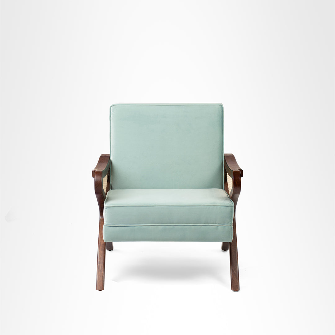 Amethyst Lounge Chair - W: 30’’ D: 32’’ H: 33’’ SH: 17’’ / Walnut and Blue / Acacia Wood Natural Cane and Upholstered