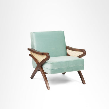 Amethyst Lounge Chair - W: 30’’ D: 32’’ H: 33’’ SH: 17’’ / Walnut and Blue / Acacia Wood Natural Cane and Upholstered