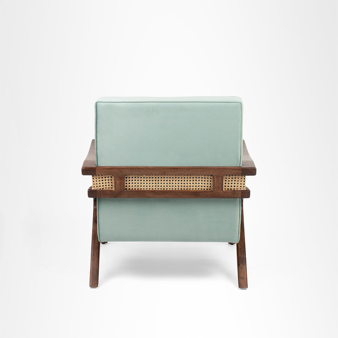 Amethyst Lounge Chair - W: 30’’ D: 32’’ H: 33’’ SH: 17’’ / Walnut and Blue / Acacia Wood Natural Cane and Upholstered