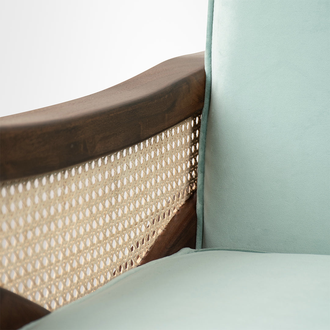 Amethyst Lounge Chair - W: 30’’ D: 32’’ H: 33’’ SH: 17’’ / Walnut and Blue / Acacia Wood Natural Cane and Upholstered